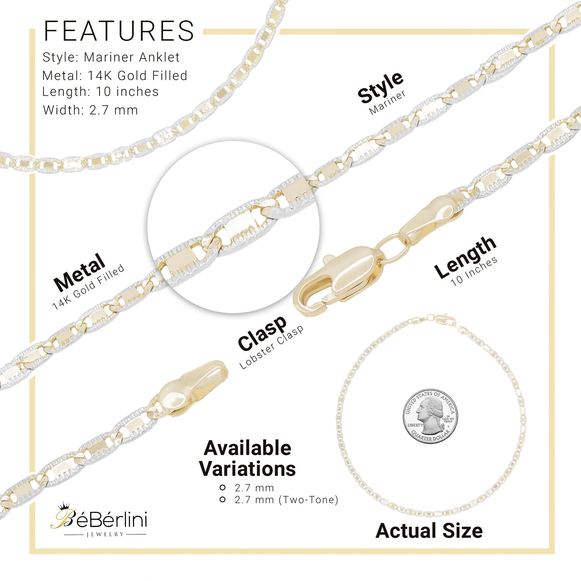 Mariner Chain Anklet 14K Gold Filled 2.7 mm Jewelry Women 9.5"