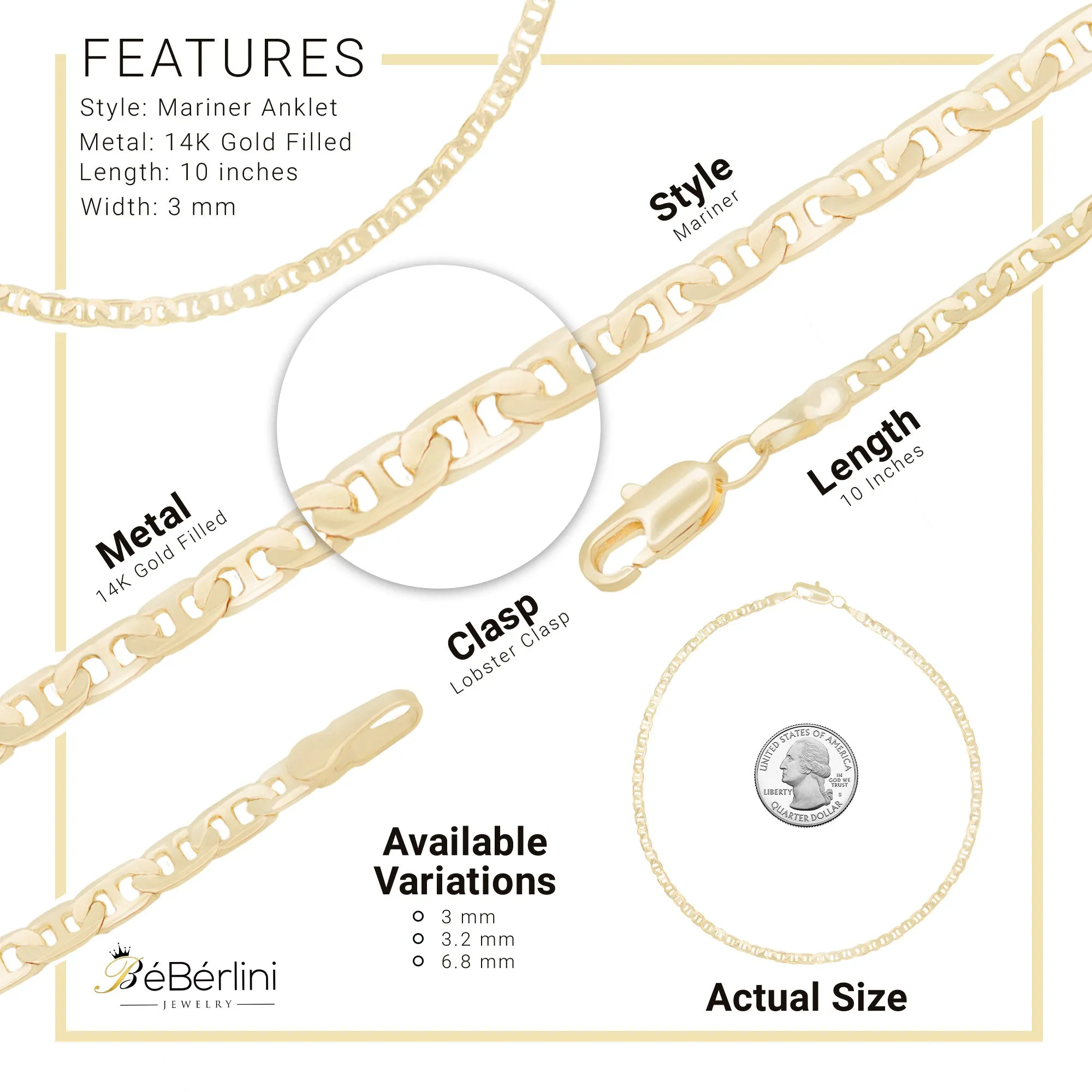 Mariner Chain Anklet 14K Gold Filled 3 mm Jewelry Women 9.5"