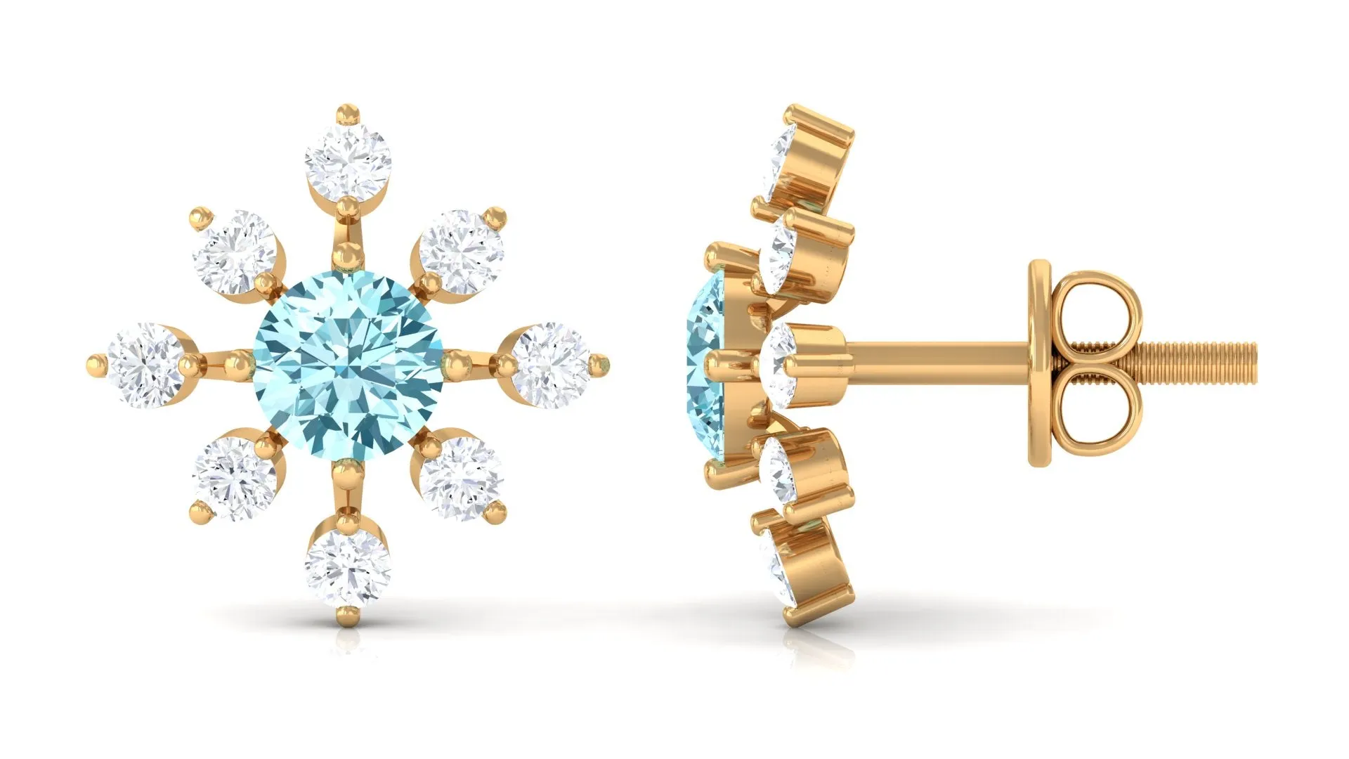 Minimal Snowflake Stud Earrings with Aquamarine and Diamond