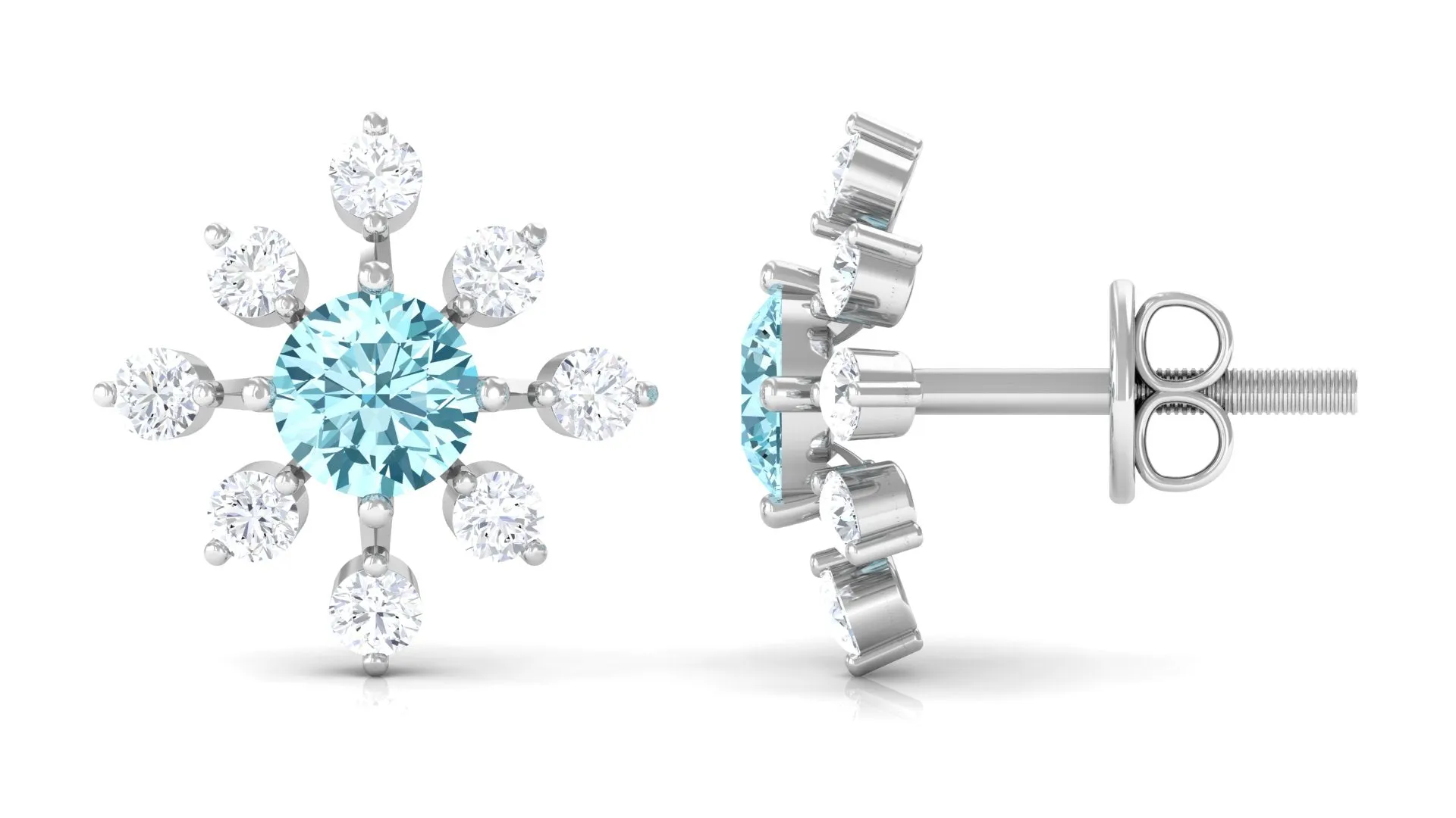 Minimal Snowflake Stud Earrings with Aquamarine and Diamond