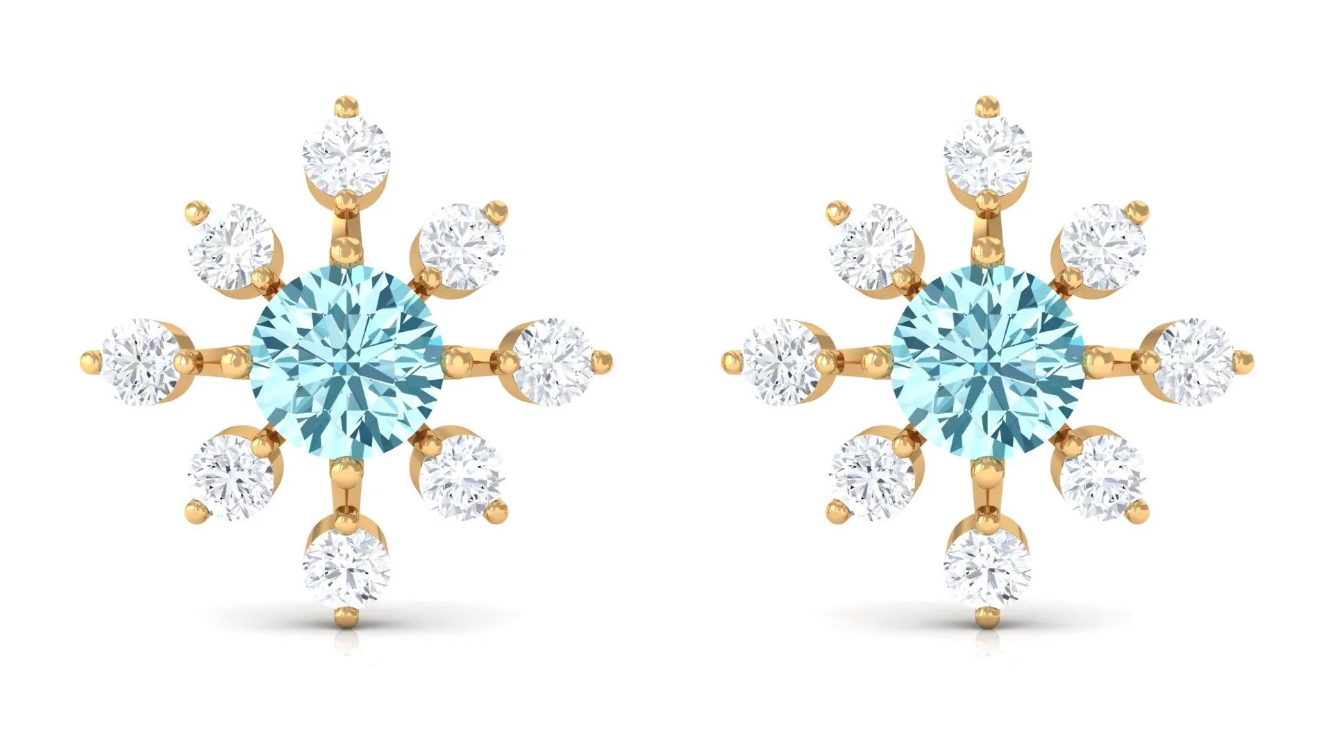 Minimal Snowflake Stud Earrings with Aquamarine and Diamond