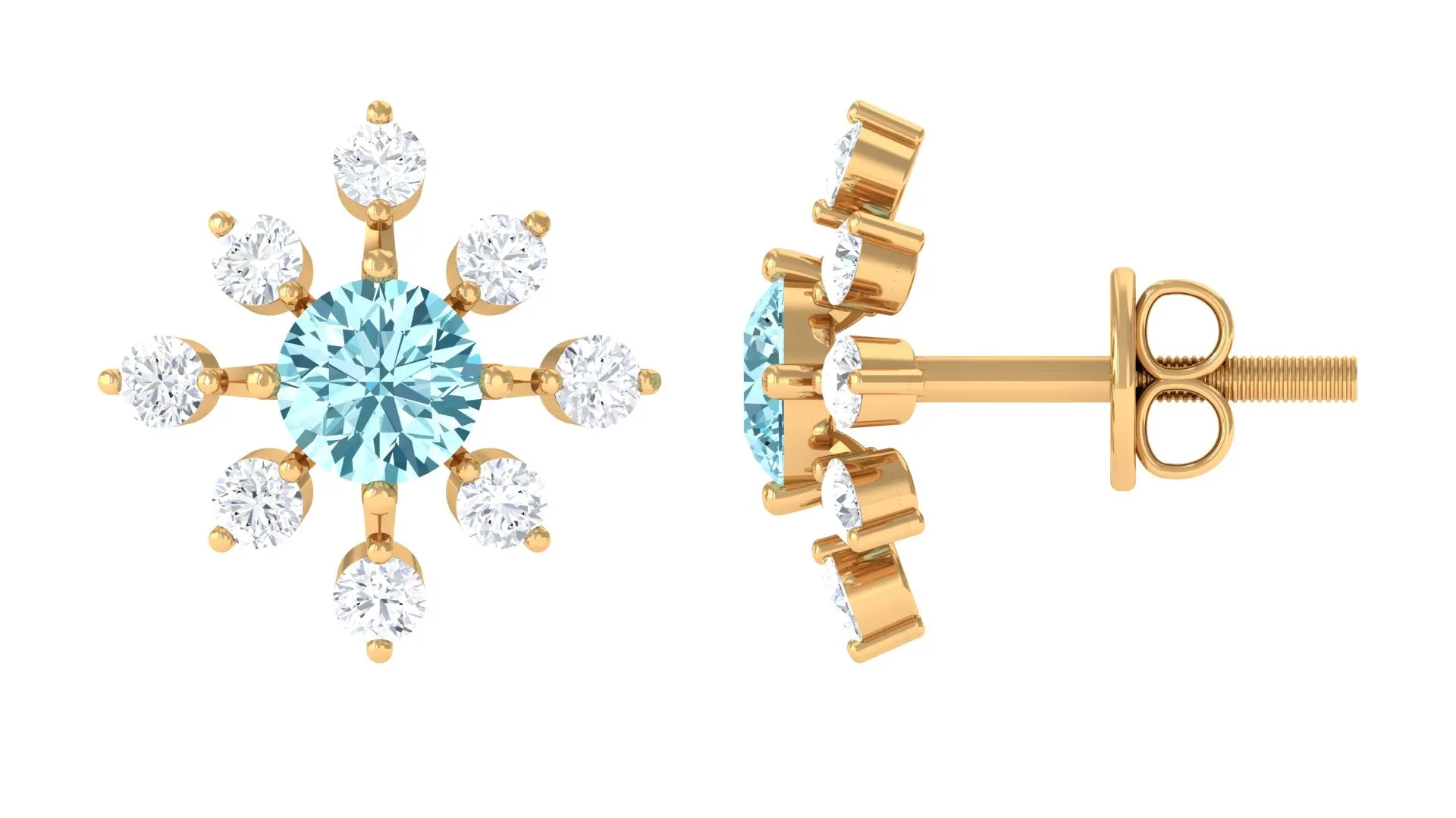 Minimal Snowflake Stud Earrings with Aquamarine and Diamond