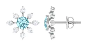 Minimal Snowflake Stud Earrings with Aquamarine and Diamond