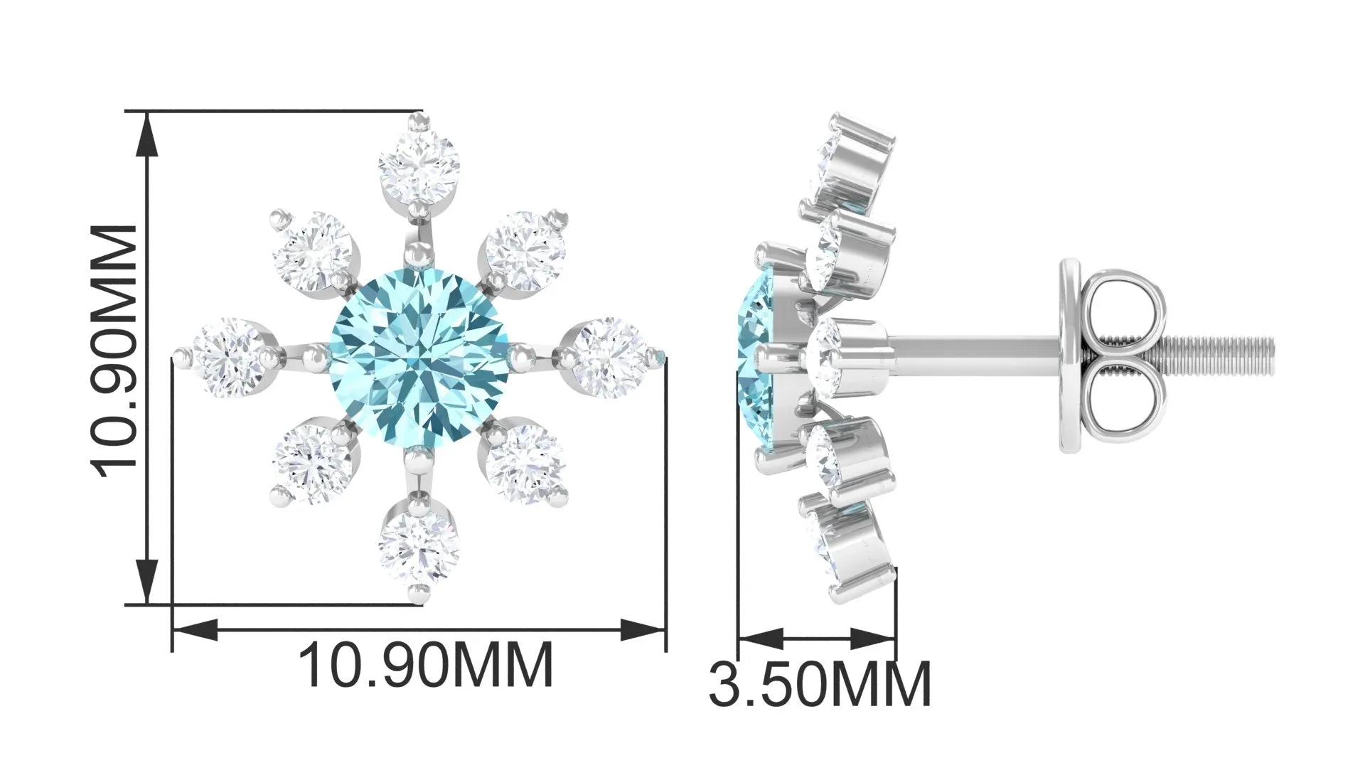 Minimal Snowflake Stud Earrings with Aquamarine and Diamond