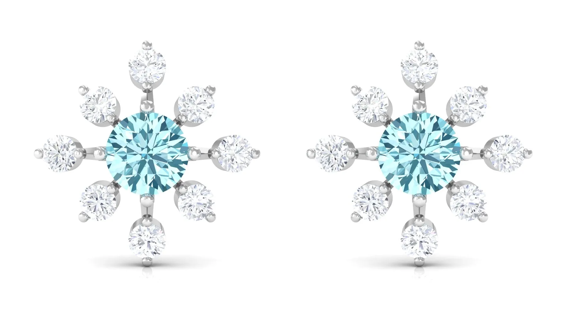 Minimal Snowflake Stud Earrings with Aquamarine and Diamond