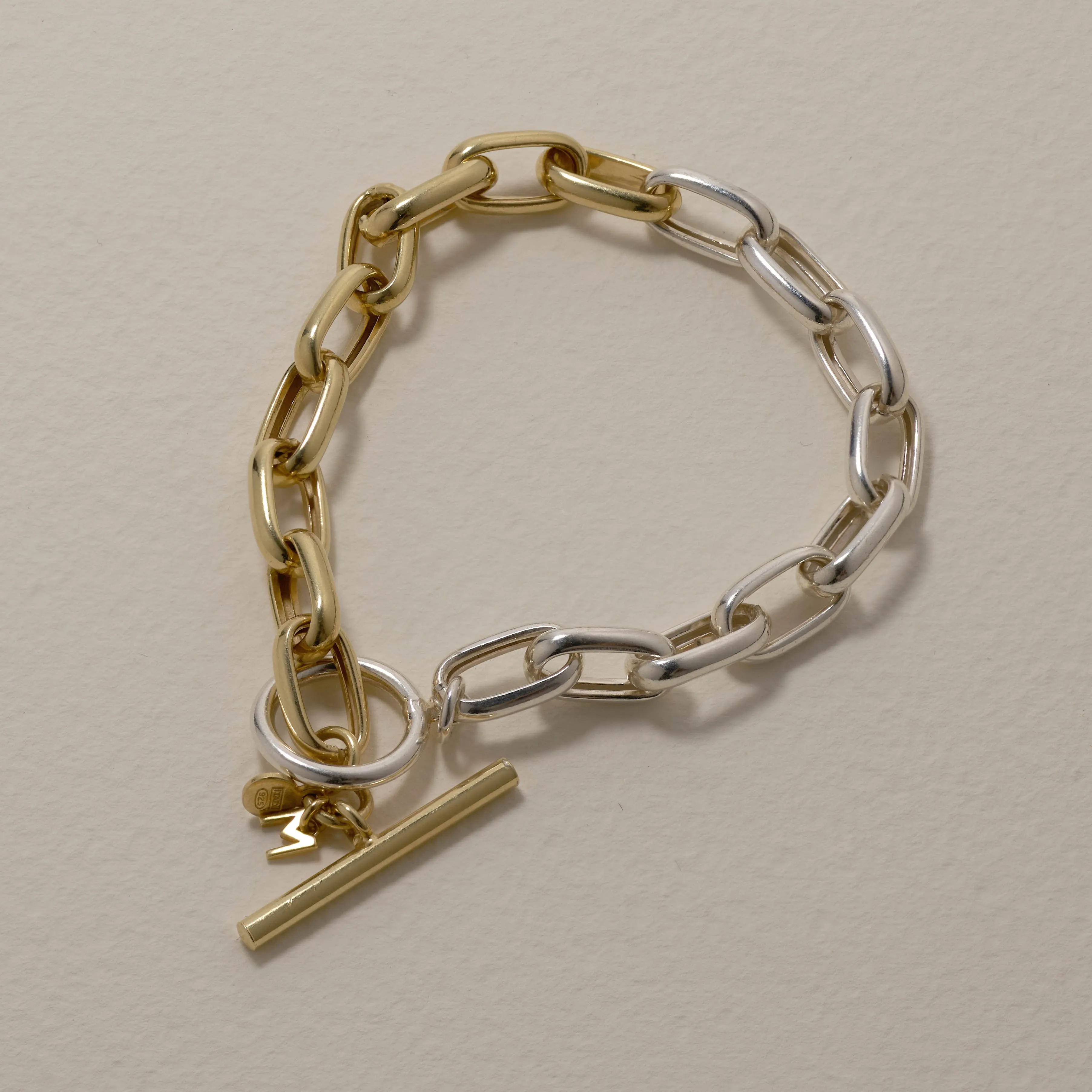 Mixed Metal Fob Paperclip Bracelet in Gold