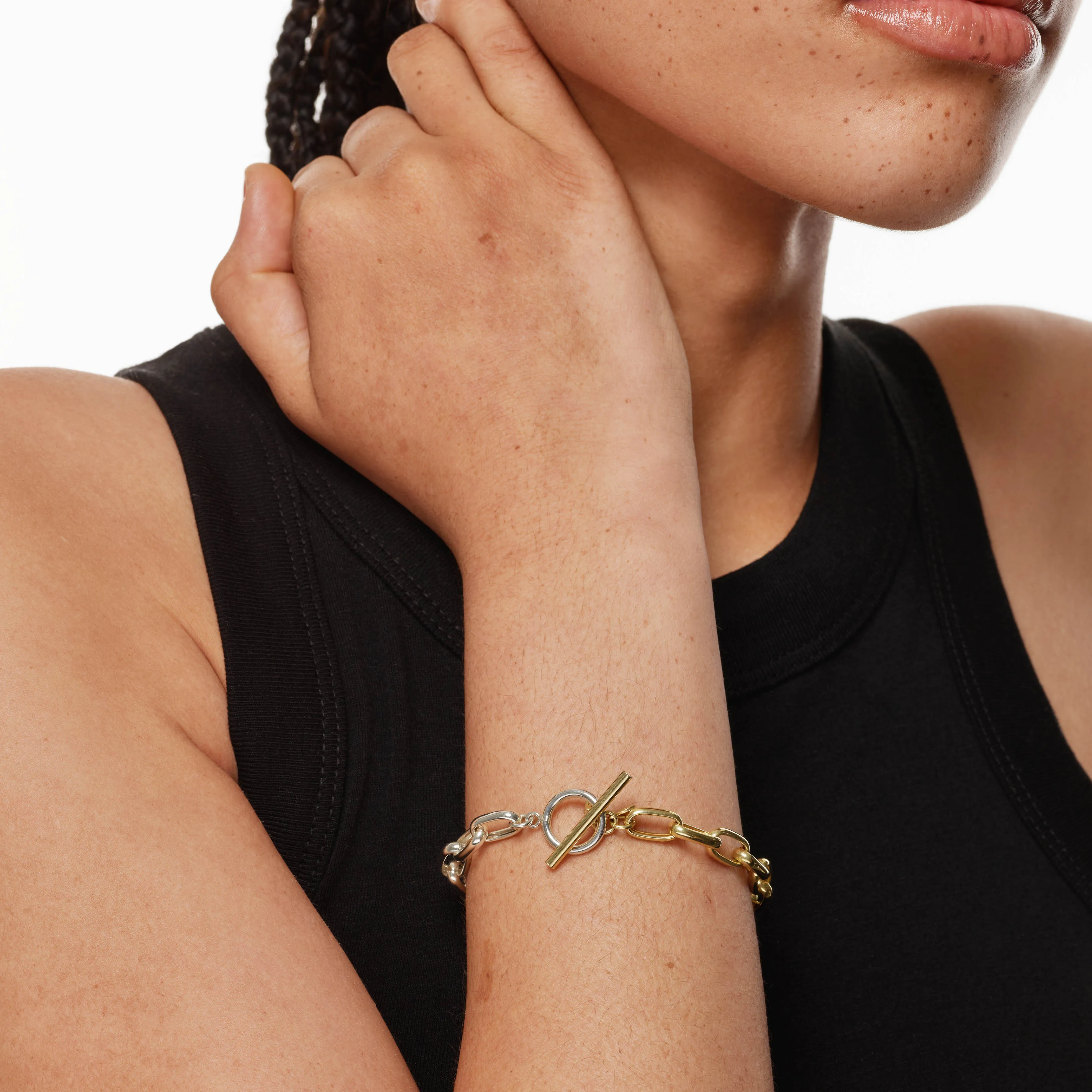 Mixed Metal Fob Paperclip Bracelet in Gold