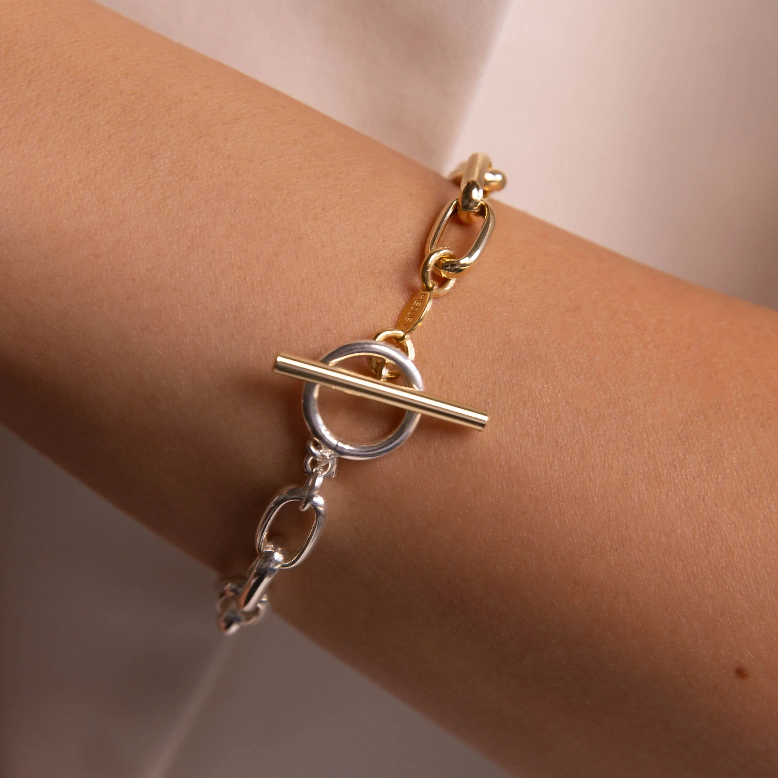Mixed Metal Fob Paperclip Bracelet in Gold