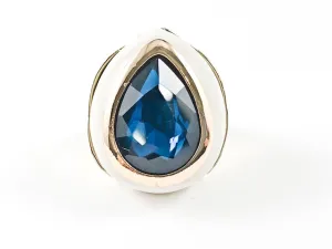 Modern Large Tear Drop Shape Layered Design Center Aquamarine CZ Gold Tone Brass Ring