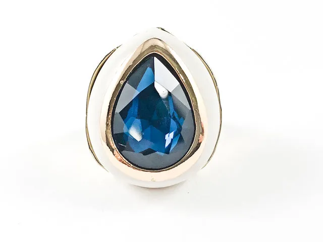 Modern Large Tear Drop Shape Layered Design Center Aquamarine CZ Gold Tone Brass Ring