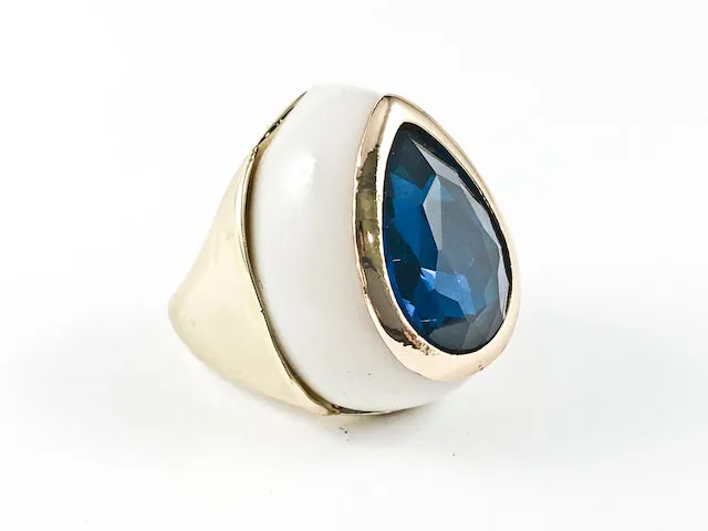 Modern Large Tear Drop Shape Layered Design Center Aquamarine CZ Gold Tone Brass Ring