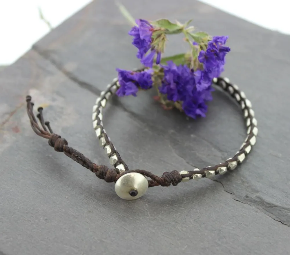Modern Studded Silver and Linen Cord Bracelet