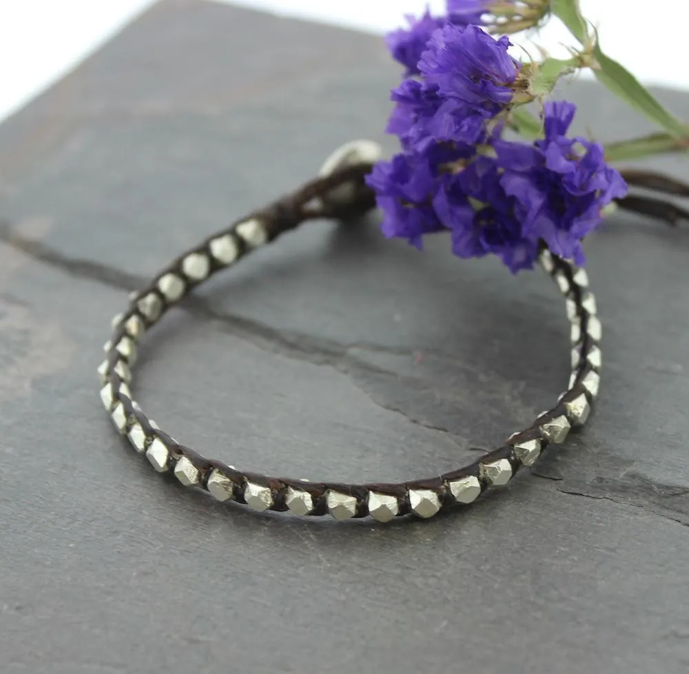 Modern Studded Silver and Linen Cord Bracelet