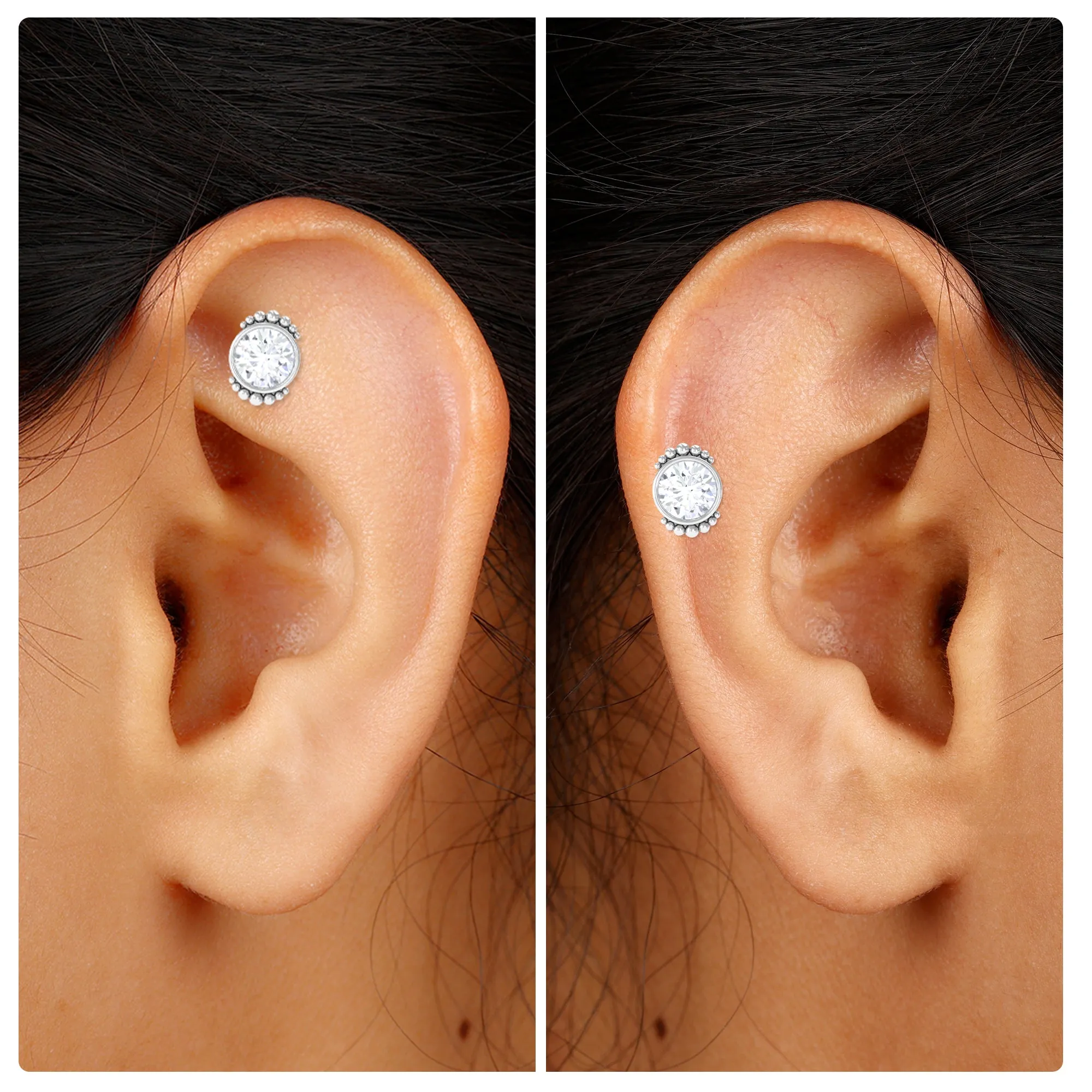 Moissanite Simple Helix Earring in Beaded Bezel Setting