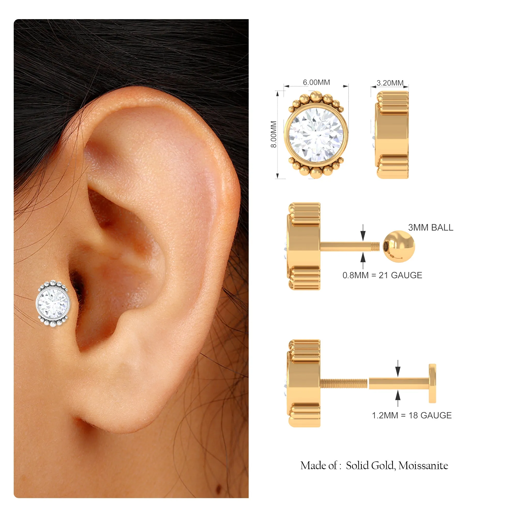 Moissanite Simple Helix Earring in Beaded Bezel Setting