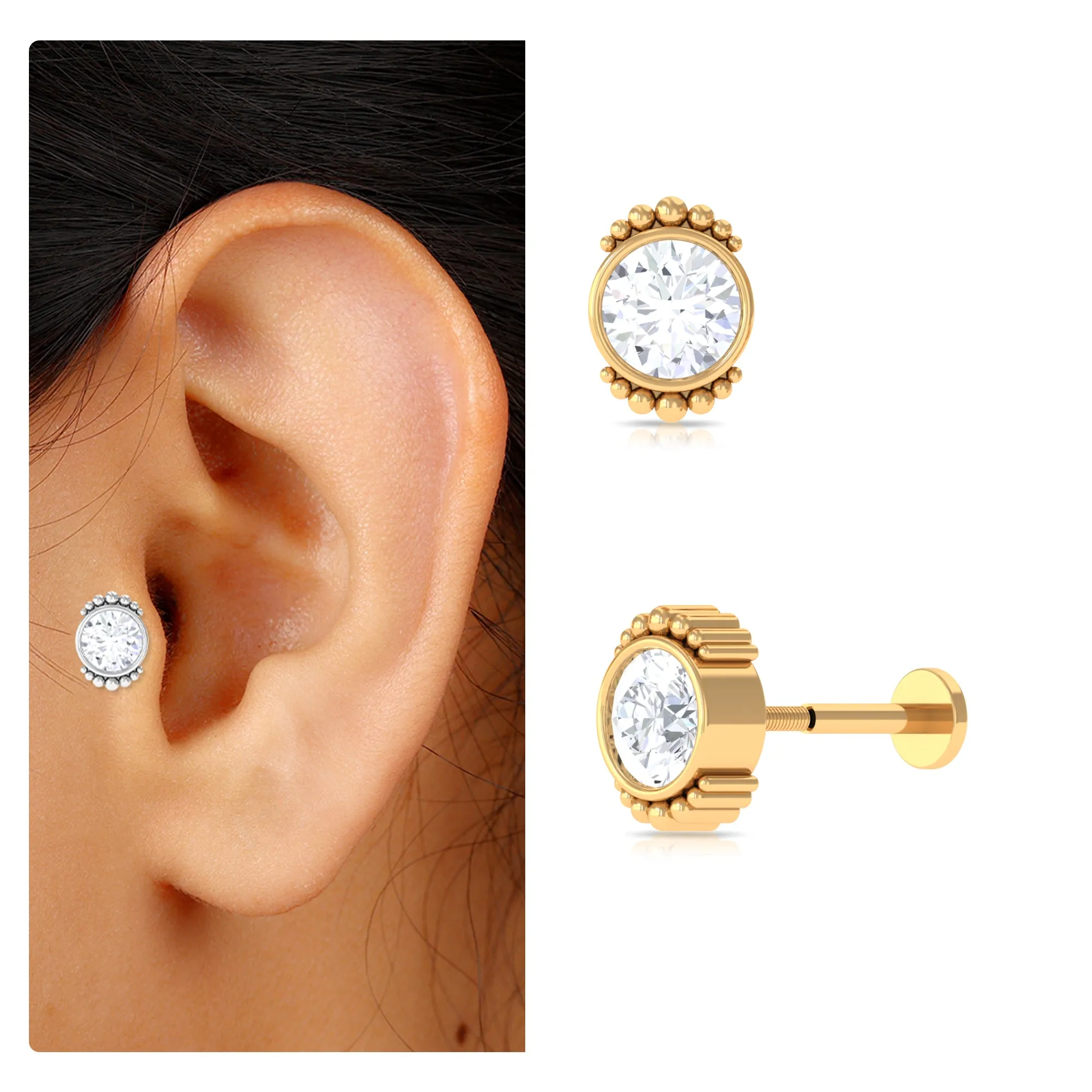 Moissanite Simple Helix Earring in Beaded Bezel Setting