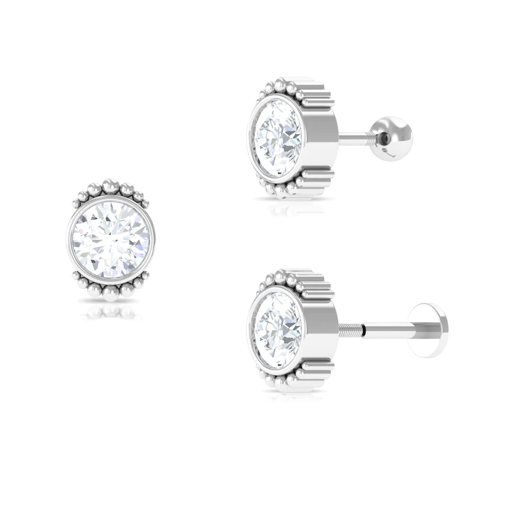 Moissanite Simple Helix Earring in Beaded Bezel Setting