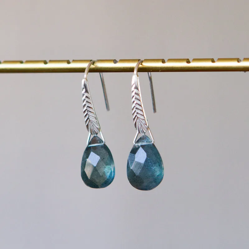 Moss Aquamarine Herringbone Gemstone Drop Earrings in Sterling Silver