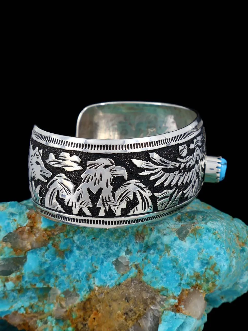 Native American Jewelry Kingman Turquoise Overlay Bracelet