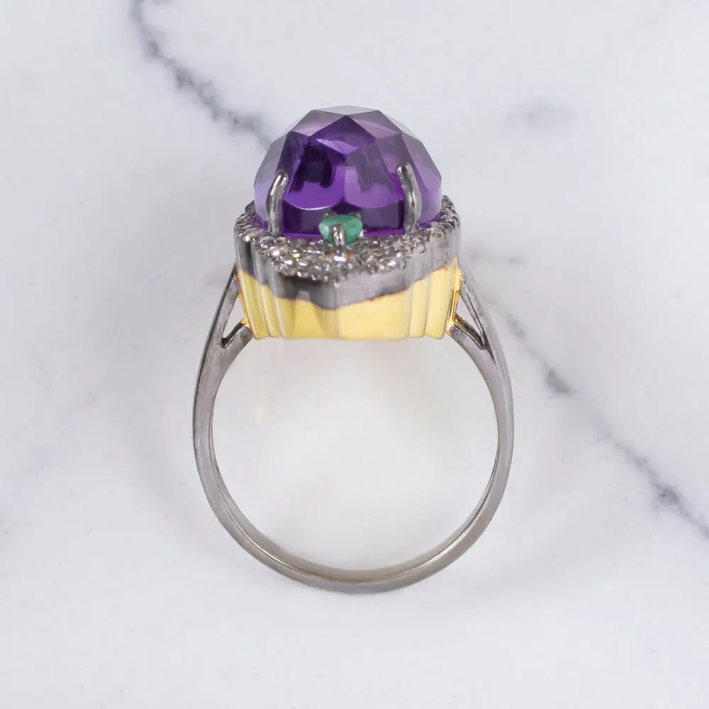 NATURAL AMETHYST DIAMOND COCKTAIL RING PURPLE OVAL SHAPE ROSE CUT BOHO STATEMENT