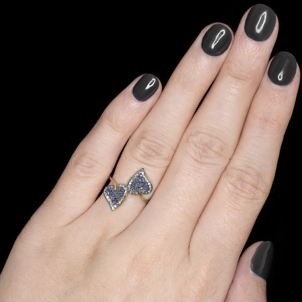 NATURAL SAPPHIRE PAVE DIAMOND COCKTAIL RING LEAF SHAPE BOTANICAL BLUE BOHO STYLE