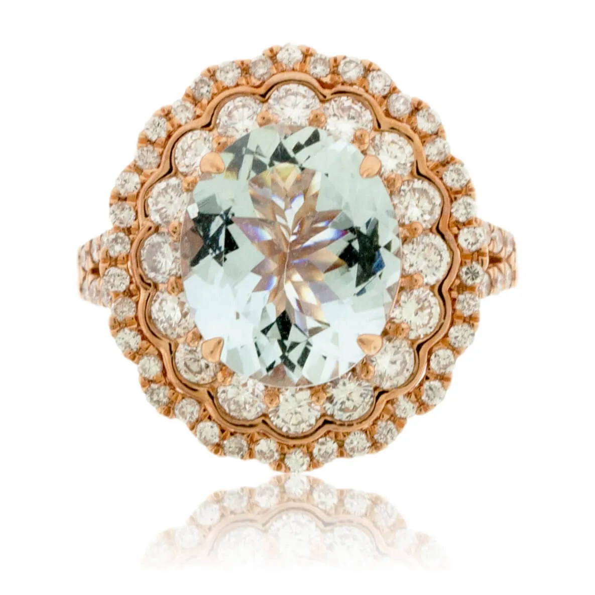 Oval Aquamarine and Scalloped Double Halo Diamond Ring