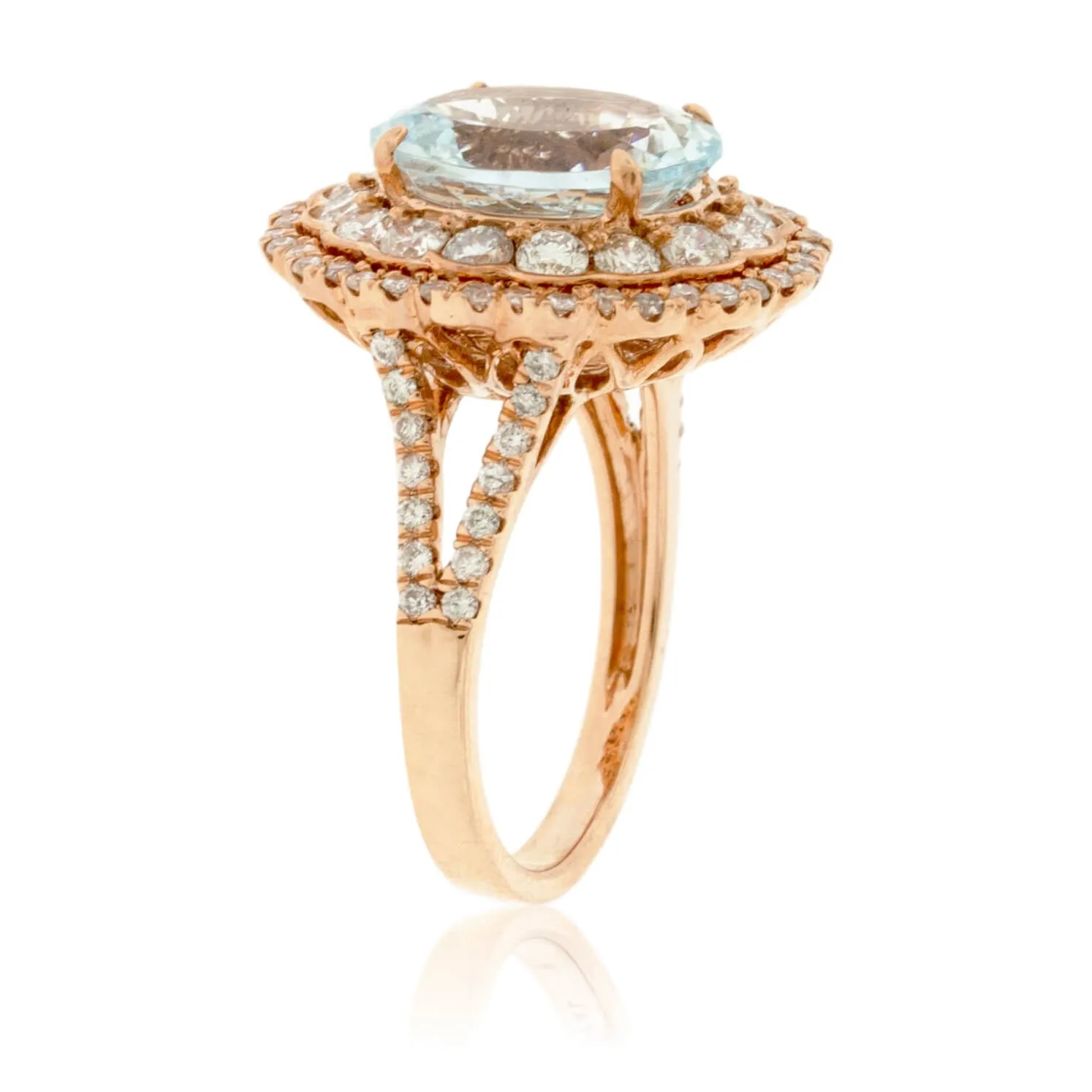 Oval Aquamarine and Scalloped Double Halo Diamond Ring