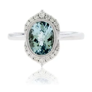 Oval-Cut Aquamarine with Unique Diamond Halo Ring