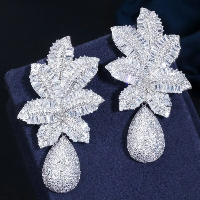 Oversized Zircon Bejeweled Tropical Leaf-shaped Waterdrop Earrings