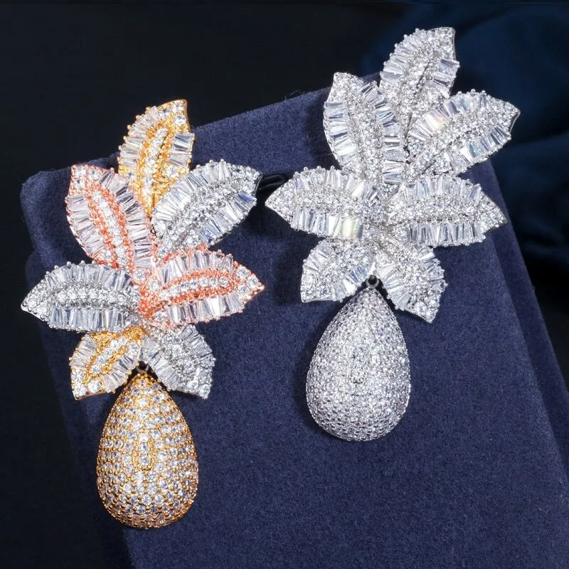Oversized Zircon Bejeweled Tropical Leaf-shaped Waterdrop Earrings