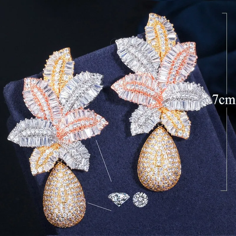 Oversized Zircon Bejeweled Tropical Leaf-shaped Waterdrop Earrings
