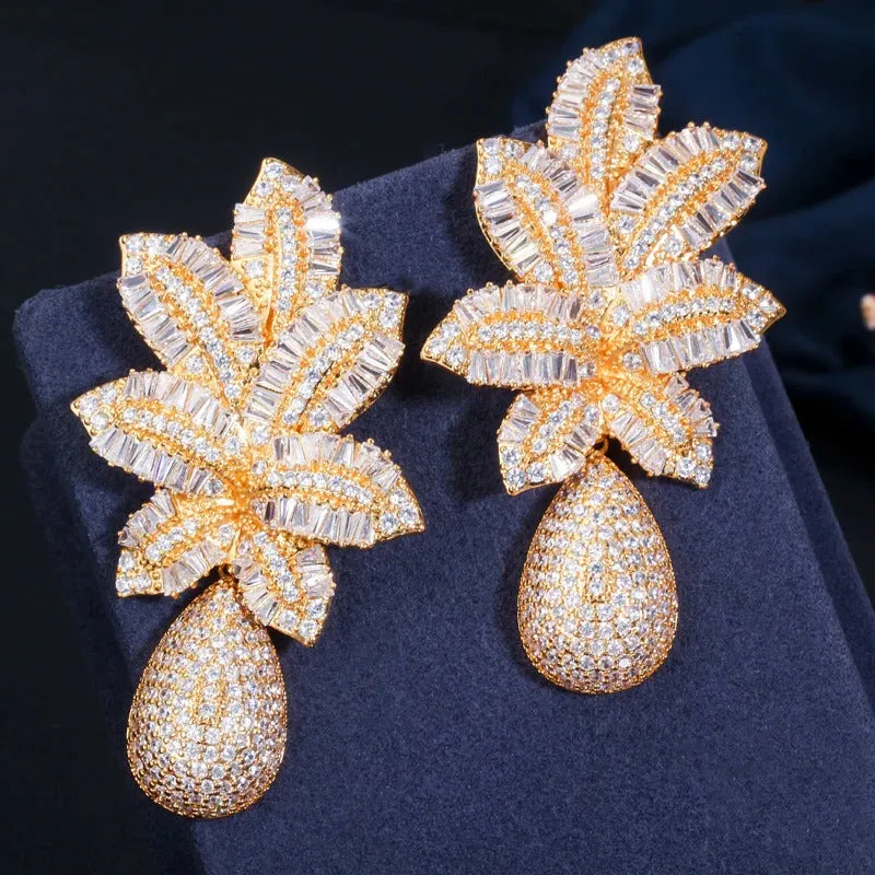 Oversized Zircon Bejeweled Tropical Leaf-shaped Waterdrop Earrings
