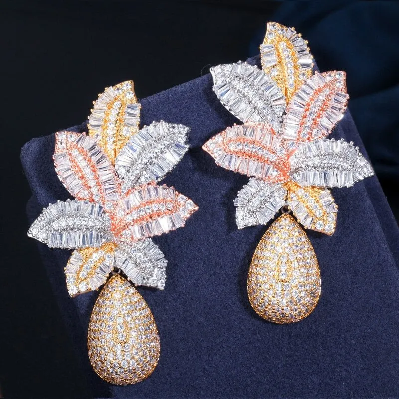 Oversized Zircon Bejeweled Tropical Leaf-shaped Waterdrop Earrings