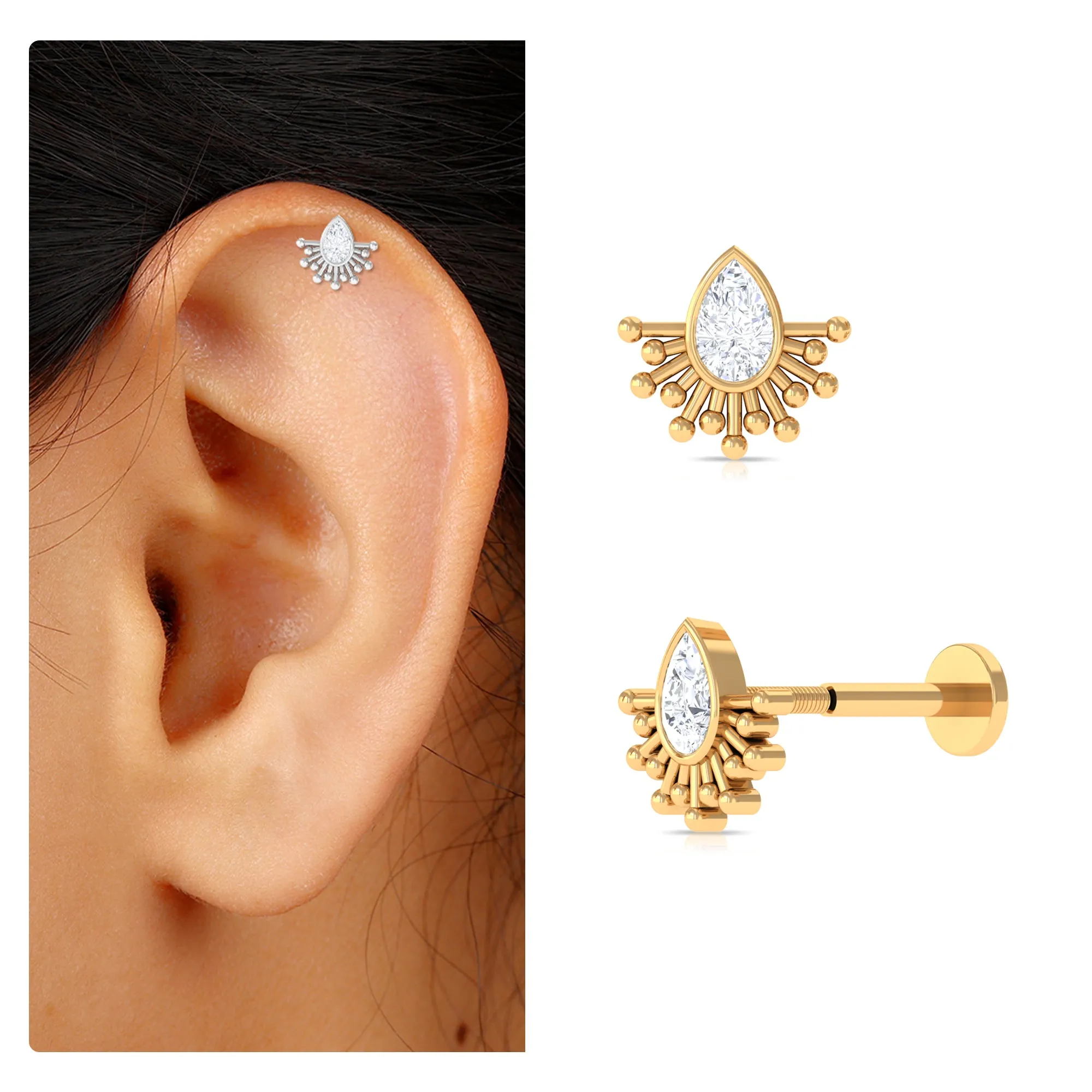 Pear Shape Moissanite Solitaire Gothic Cartilage Earring