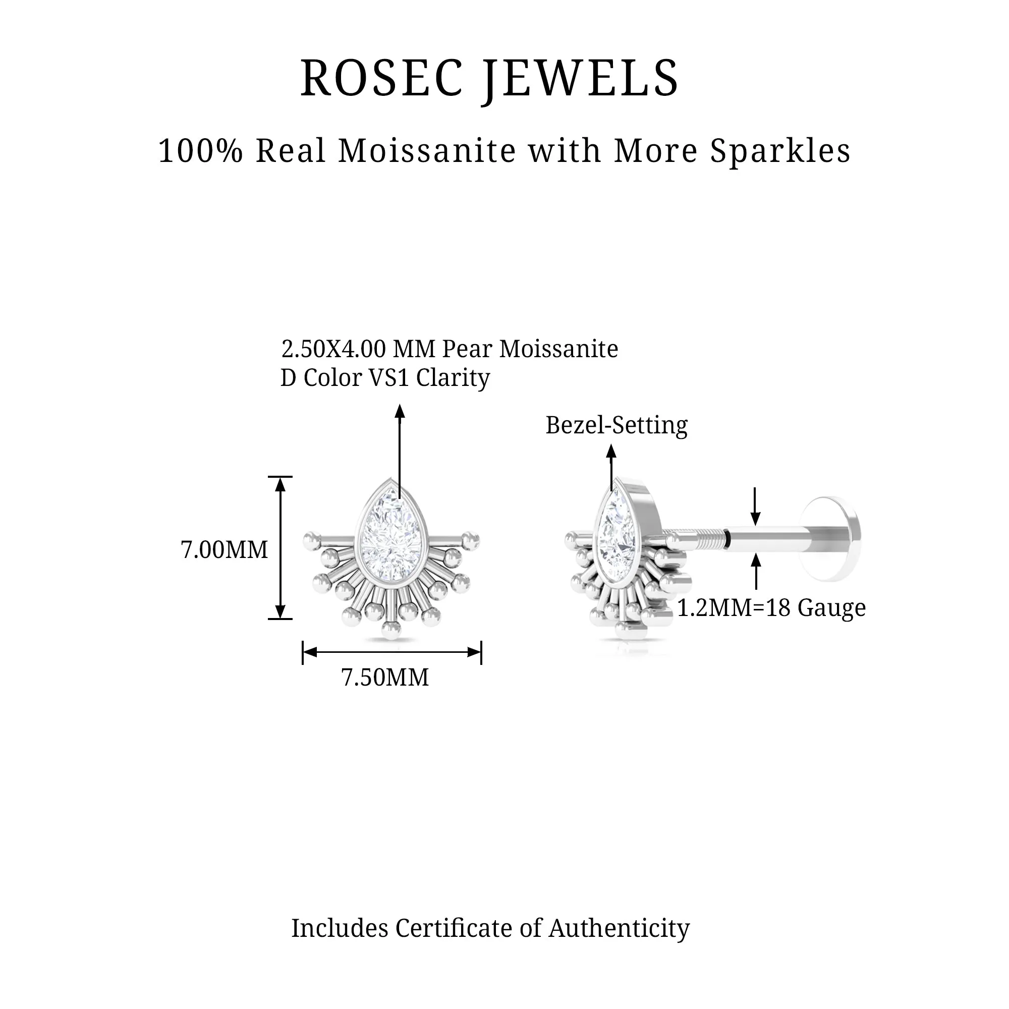 Pear Shape Moissanite Solitaire Gothic Cartilage Earring
