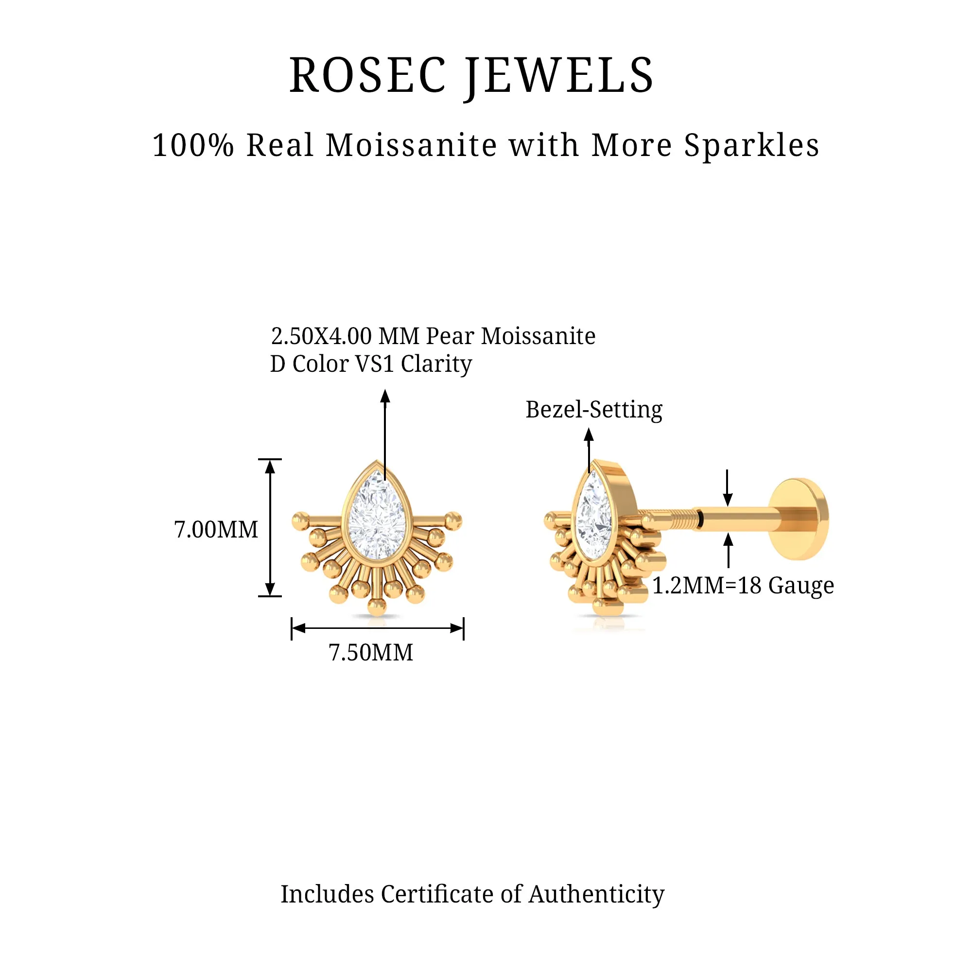 Pear Shape Moissanite Solitaire Gothic Cartilage Earring