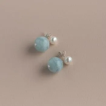 Pearl Stud with Semi Precious Drop Earring | Aquamarine