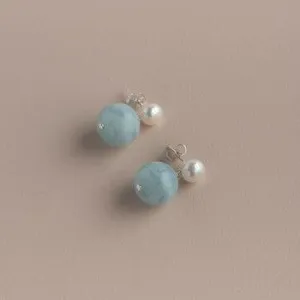 Pearl Stud with Semi Precious Drop Earring | Aquamarine