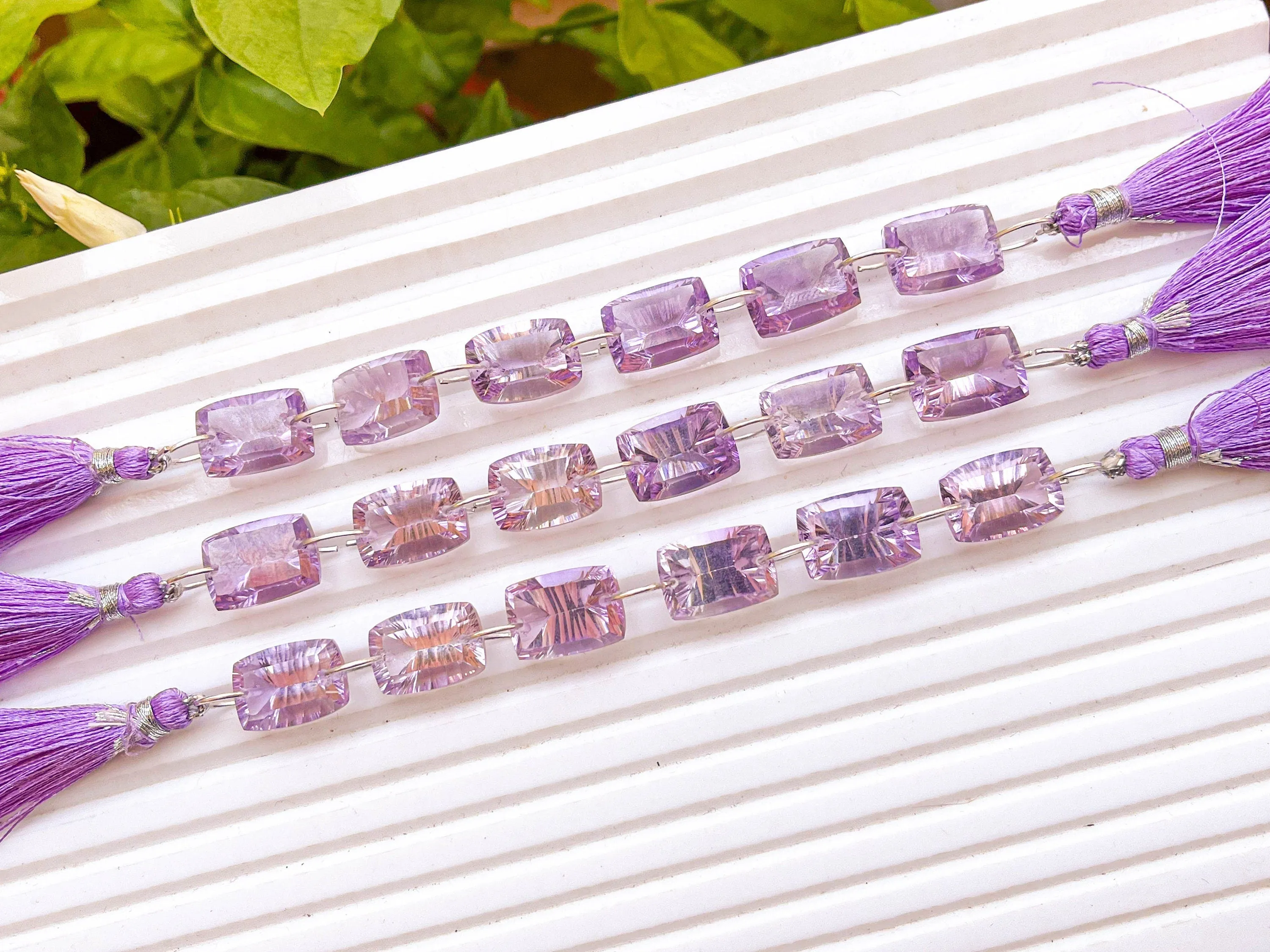 Pink Amethyst Cushion shape Concave Cut Double Drill Beads