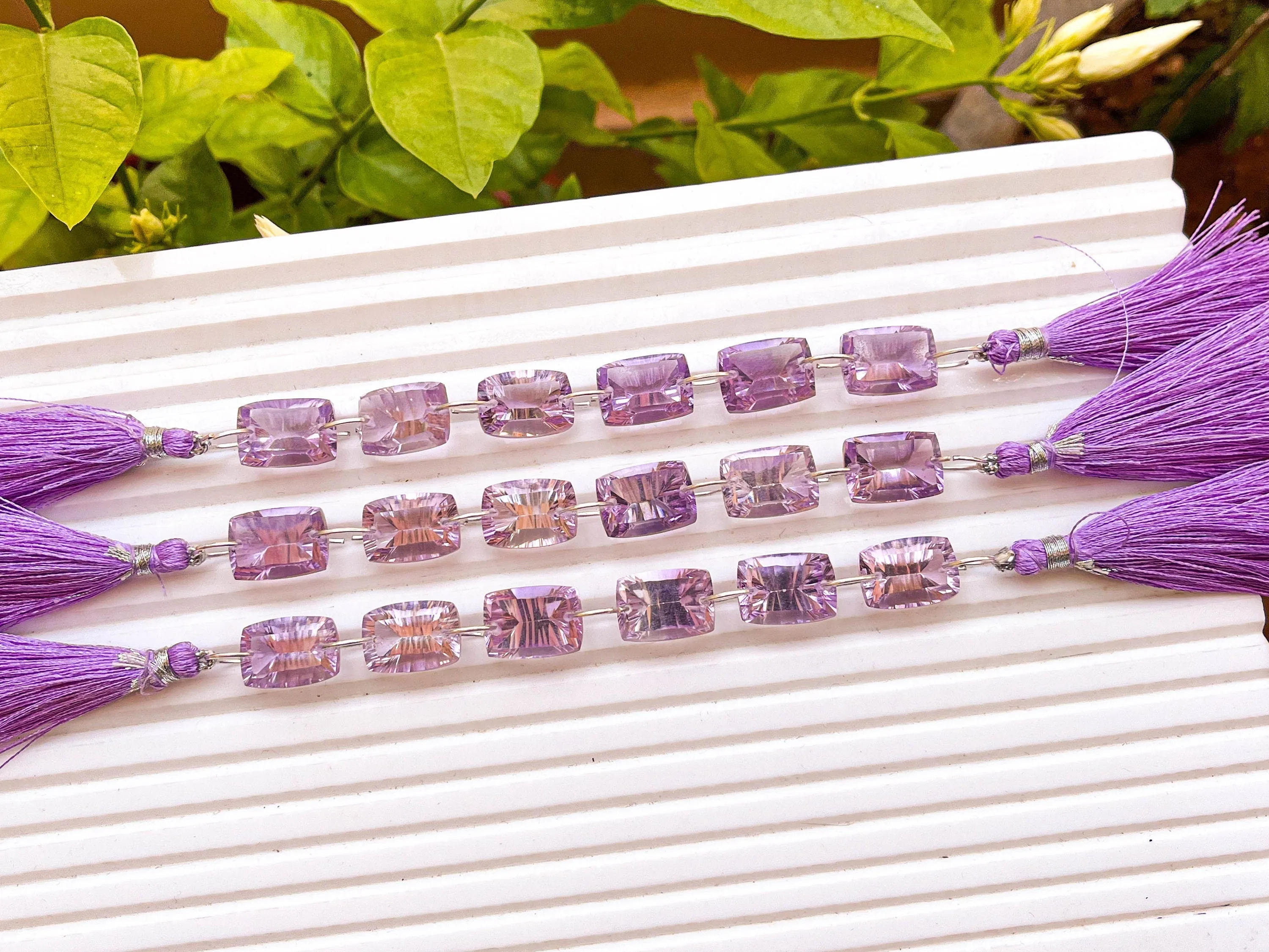 Pink Amethyst Cushion shape Concave Cut Double Drill Beads