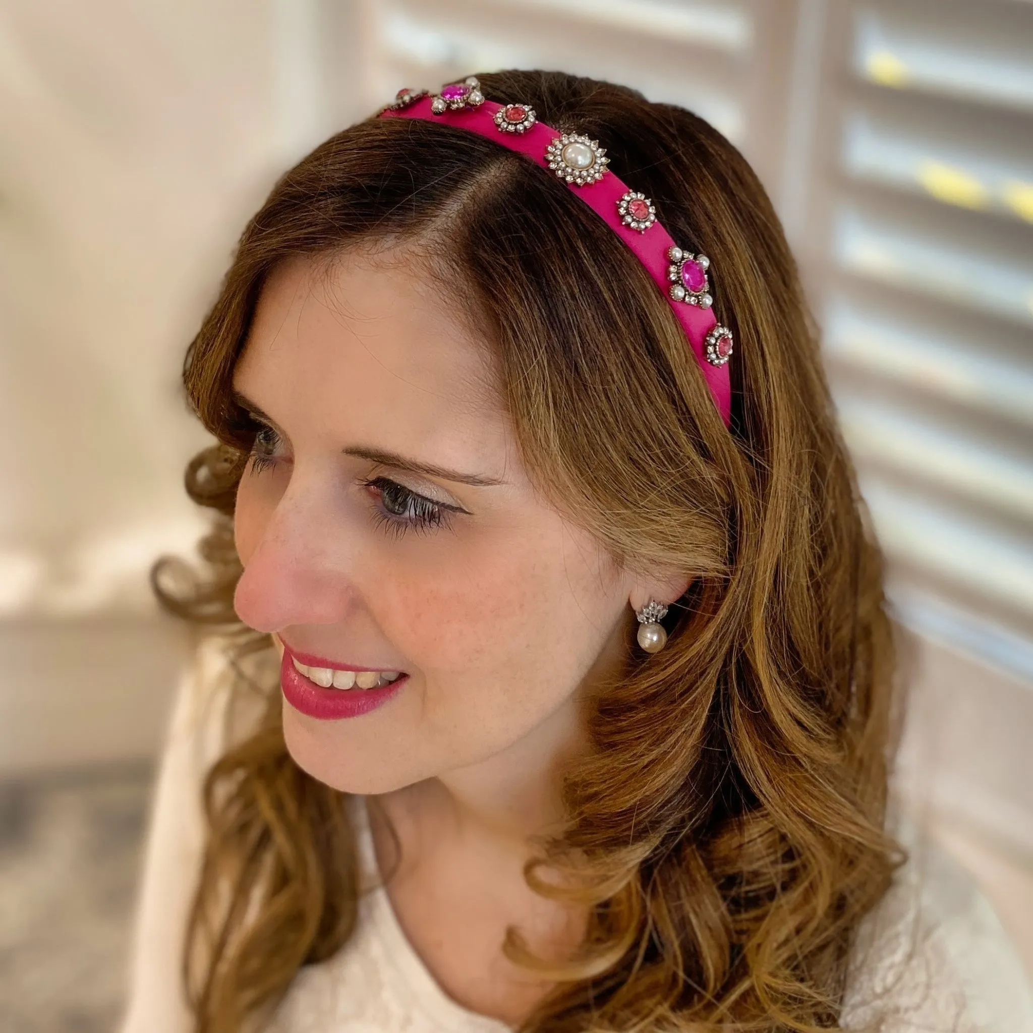 Pink Headband Fuchsia Hair Band Thin Hair Band with Pearls and Jewels