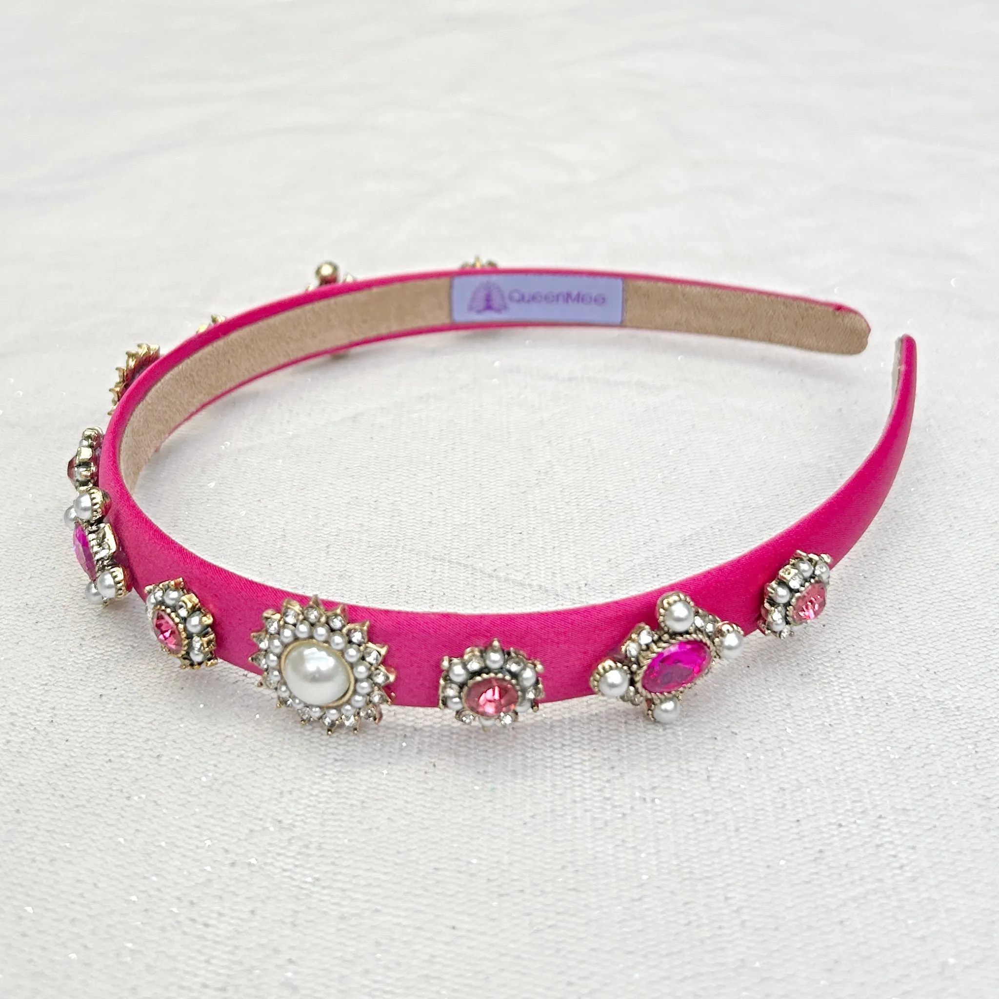 Pink Headband Fuchsia Hair Band Thin Hair Band with Pearls and Jewels
