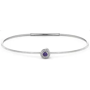 Platinum Finish Sterling Silver Round Simulated Amethyst Birth Gem Bracelet with Simulated Diamonds