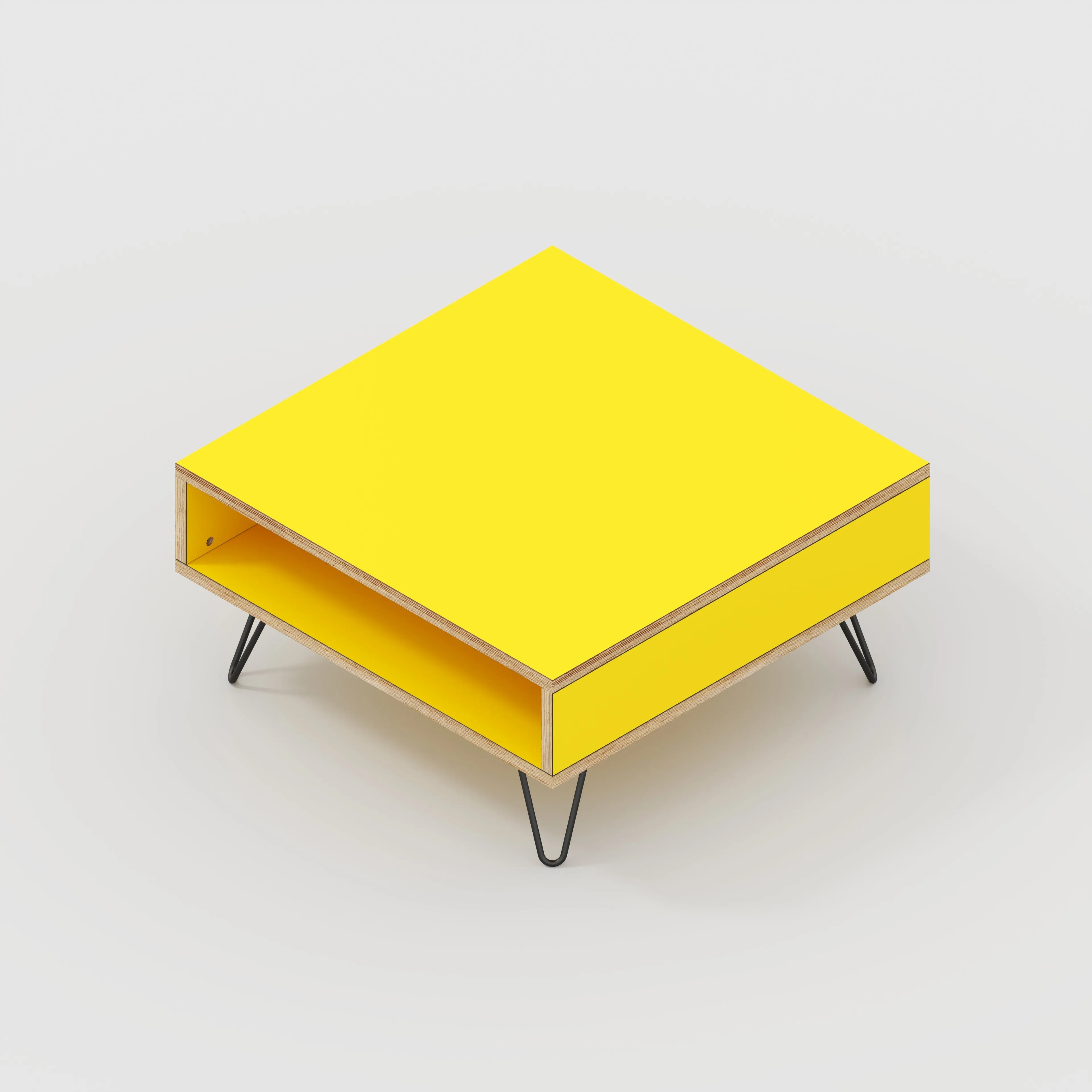 Plywood Coffee Table with Box Storage and Black Hairpin Legs - Formica Chrome Yellow - 800(w) x 800(d) x 400(h)