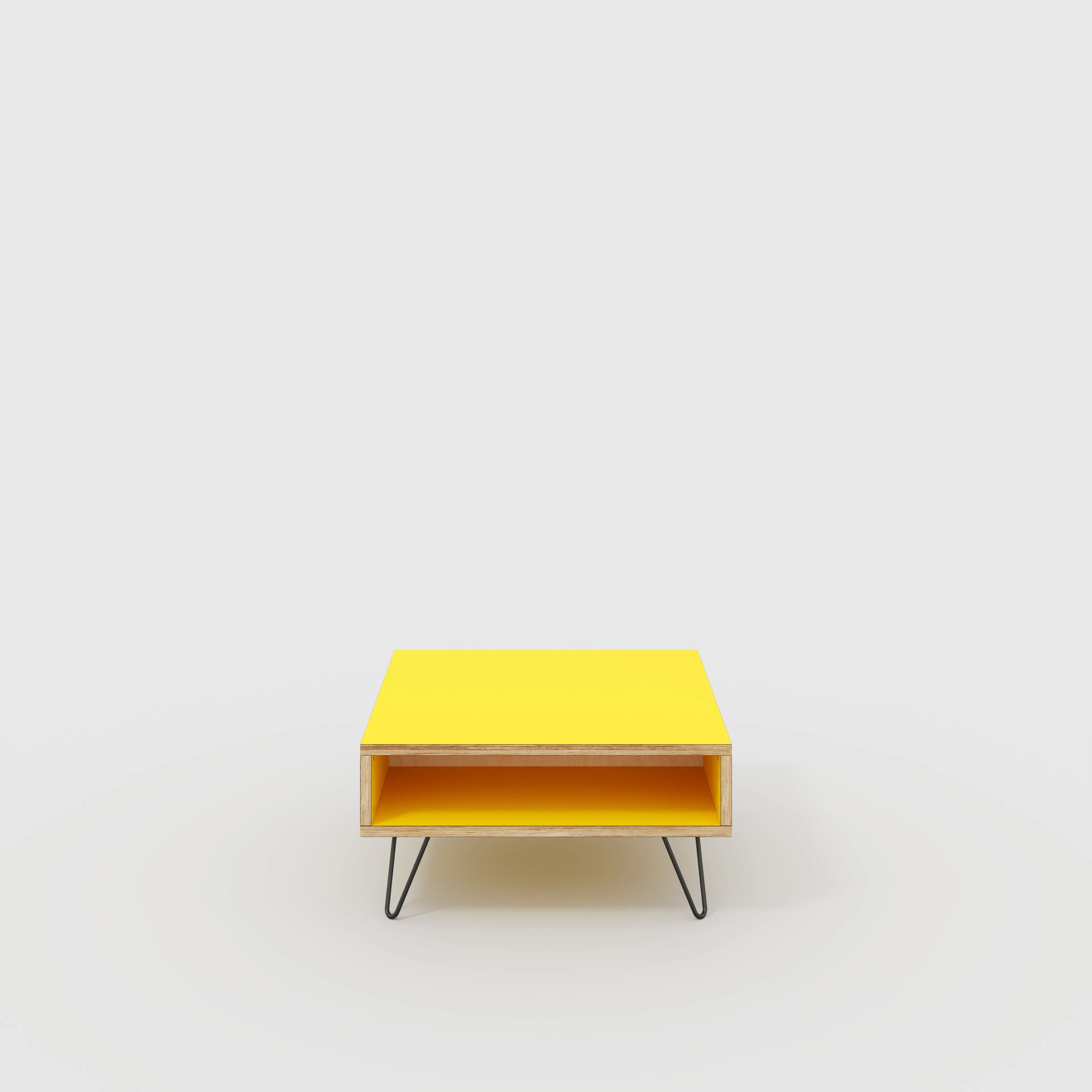 Plywood Coffee Table with Box Storage and Black Hairpin Legs - Formica Chrome Yellow - 800(w) x 800(d) x 400(h)