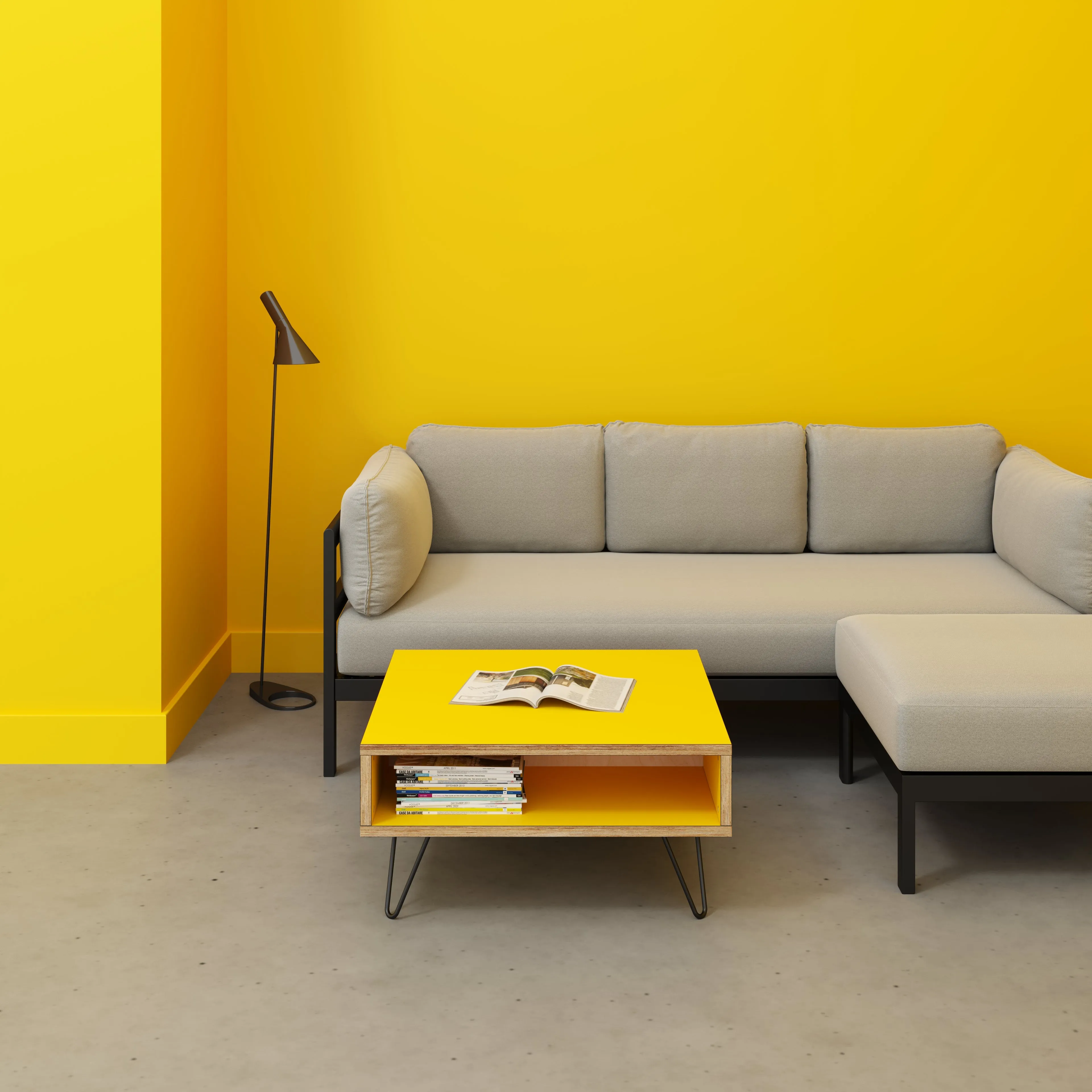 Plywood Coffee Table with Box Storage and Black Hairpin Legs - Formica Chrome Yellow - 800(w) x 800(d) x 400(h)