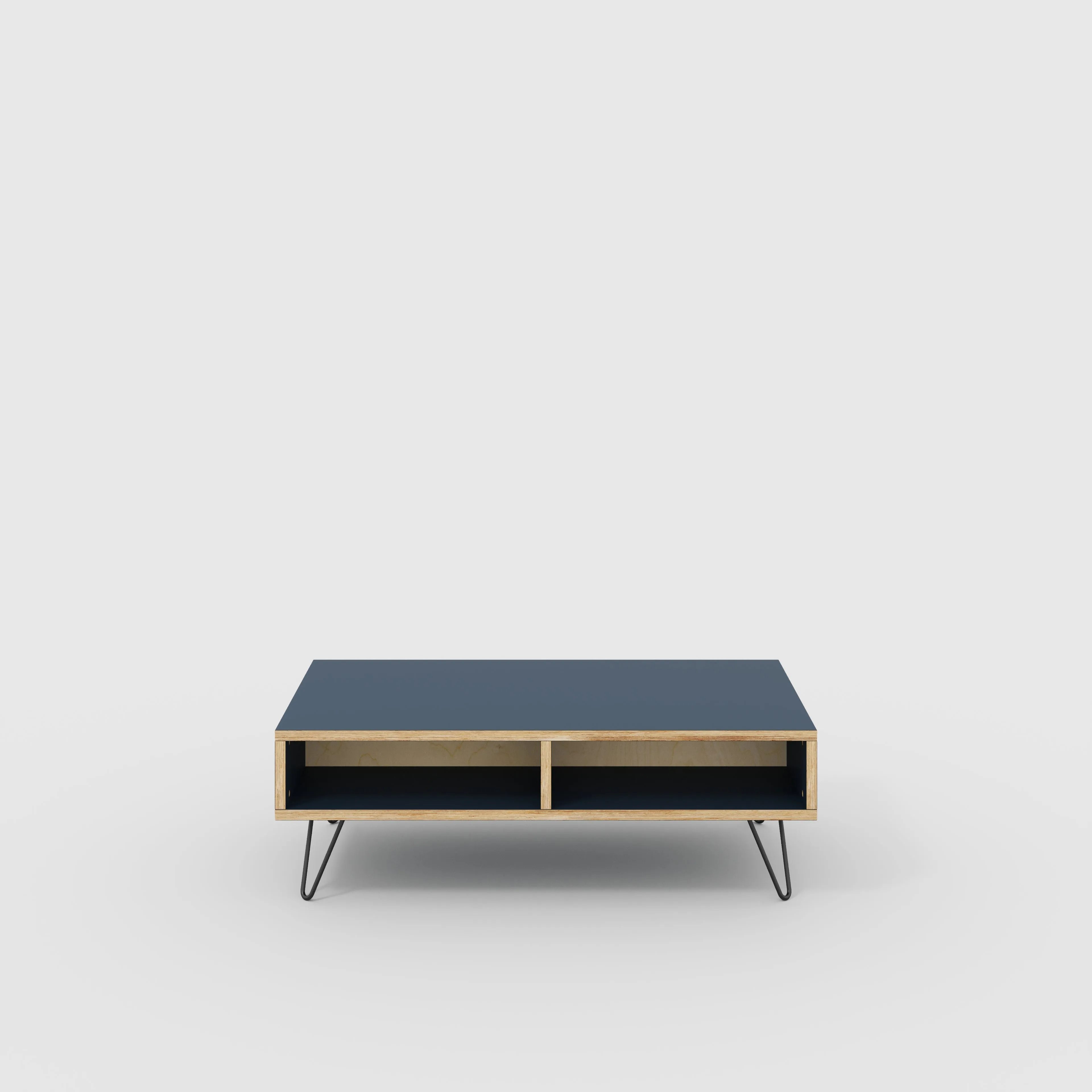 Plywood Coffee Table with Box Storage and Black Hairpin Legs - Formica Night Sea Blue - 1200(w) x 600(d) x 400(h)