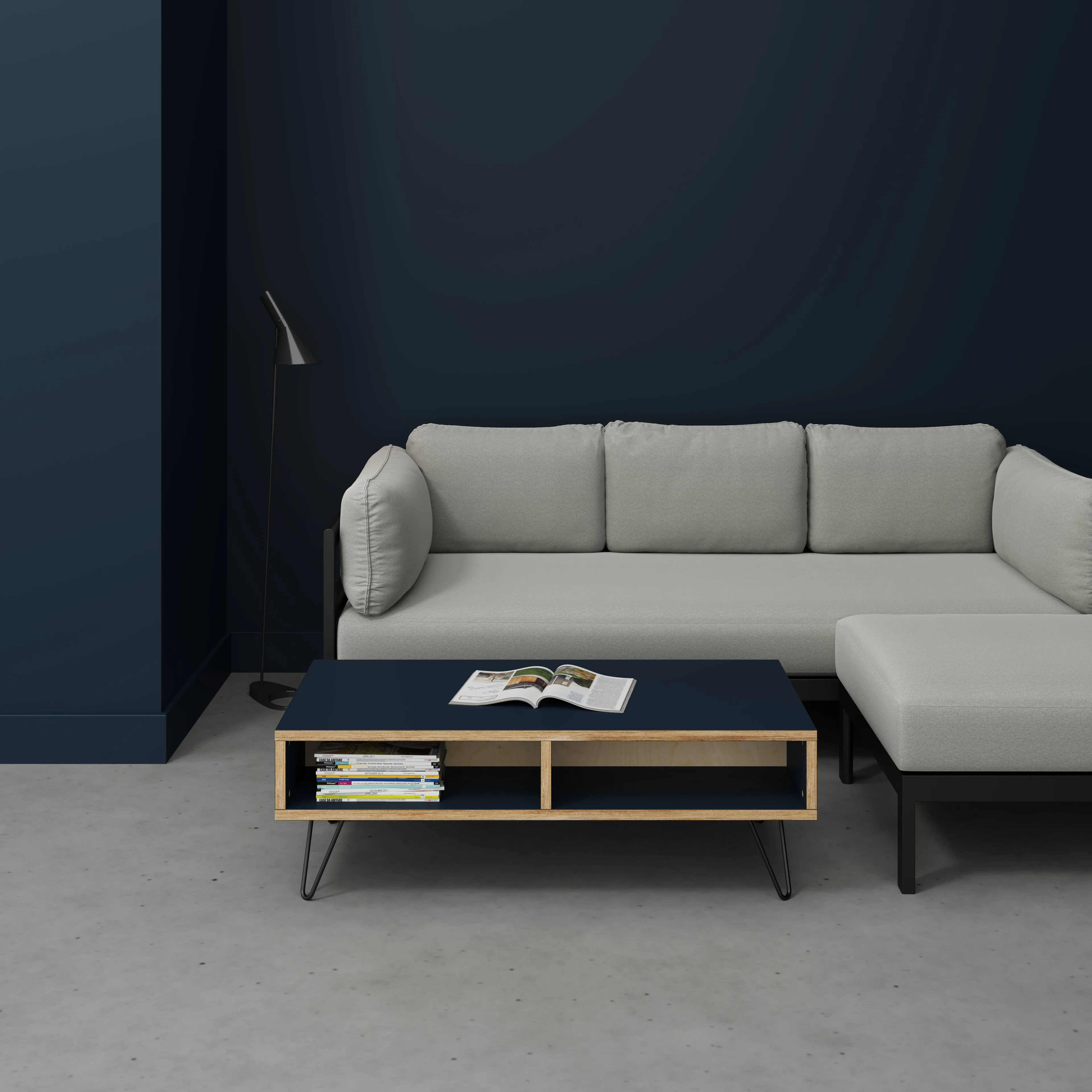 Plywood Coffee Table with Box Storage and Black Hairpin Legs - Formica Night Sea Blue - 1200(w) x 600(d) x 400(h)