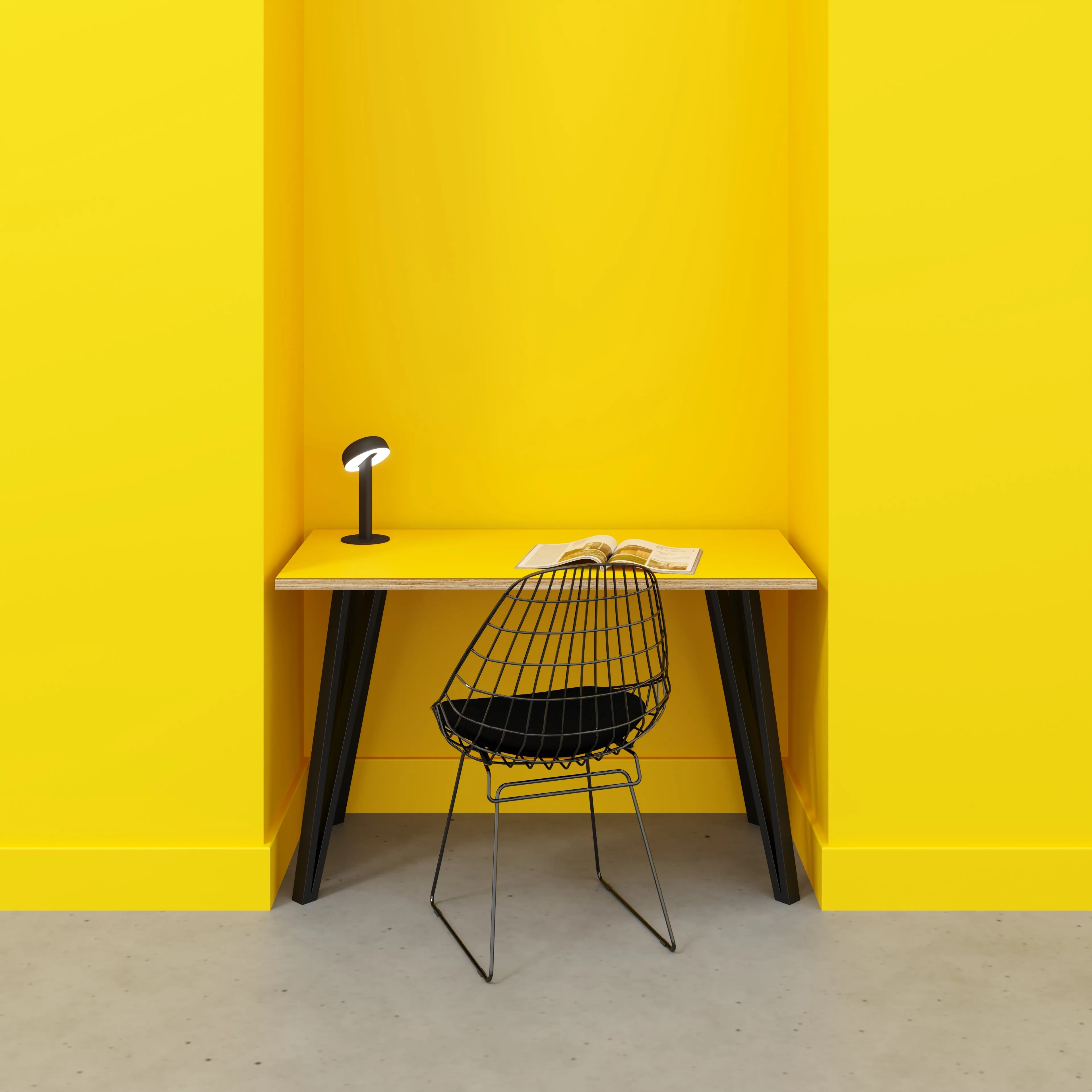 Plywood Desk with Black Box Hairpin Legs - Formica Chrome Yellow - 1200(w) x 600(d) x 735(h)