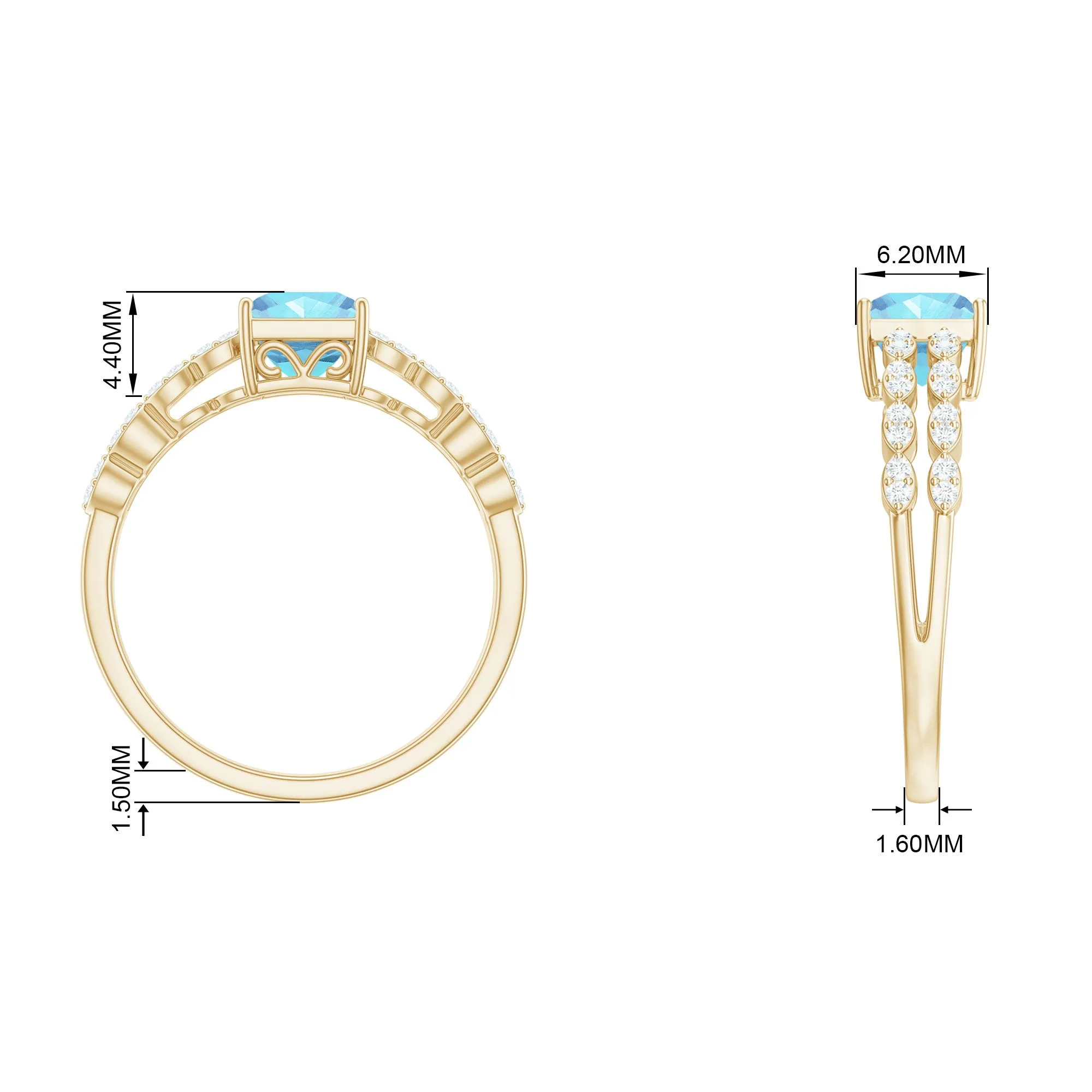 Princess Cut Aquamarine Solitaire Double Band Ring with Diamond